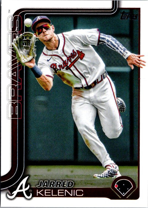 Jarred Kelenic baseball card featuring him making a catch in a Braves uniform with detailed graphics