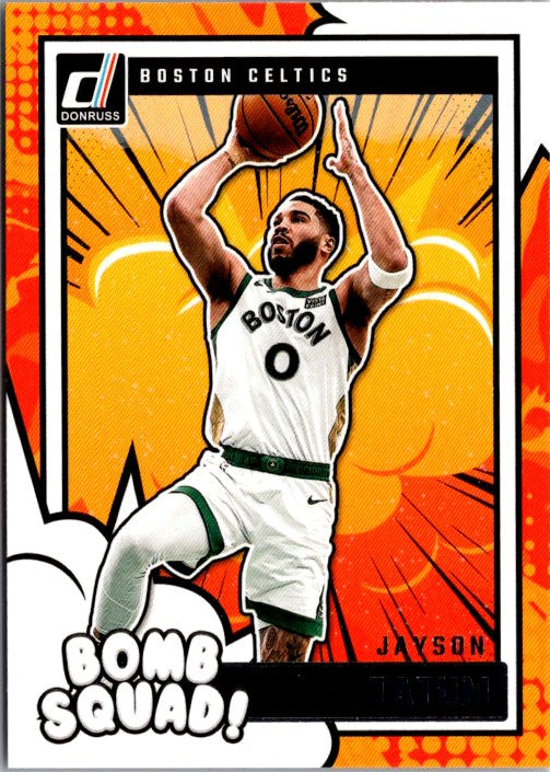 Jayson Tatum Bomb Squad card featuring vibrant graphics of Tatum shooting for the Boston Celtics
