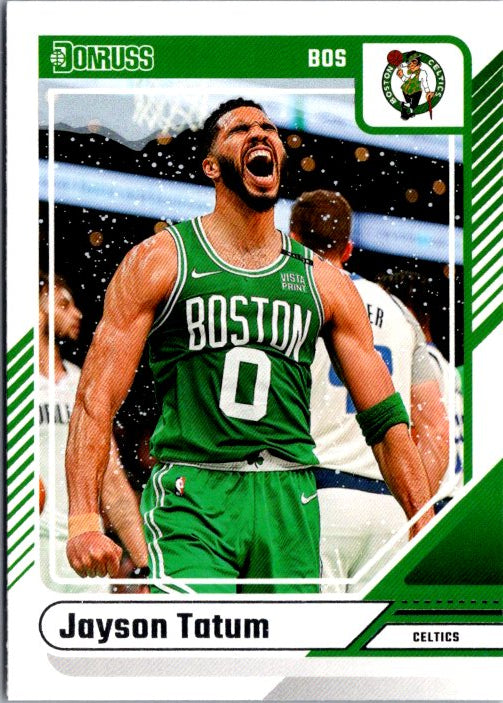 Jayson Tatum trading card featuring the Boston Celtics star celebrating with a dynamic expression