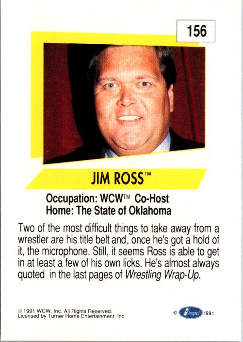 Jim Ross WCW trading card featuring his photo and occupation details for wrestling fans