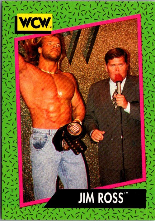 Jim Ross WCW trading card featuring Jim Ross and a wrestler on stage with a microphone