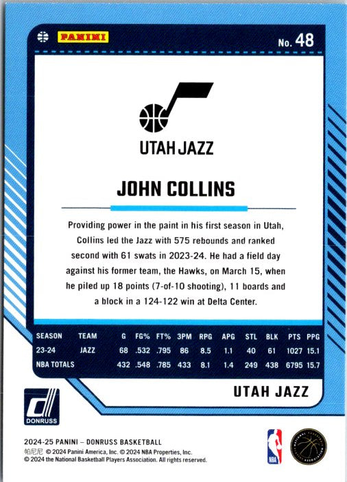 John Collins basketball card featuring stats and highlights from his season with the Utah Jazz