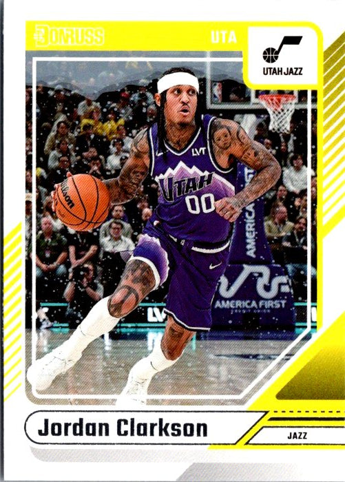 Jordan Clarkson trading card featuring the player in a Utah Jazz uniform while dribbling a basketball