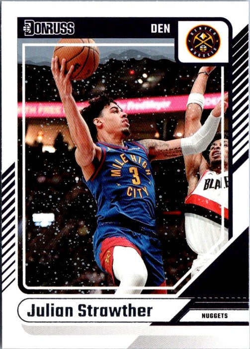 Julian Strawther trading card from Donruss Panini featuring action shot in Denver Nuggets uniform