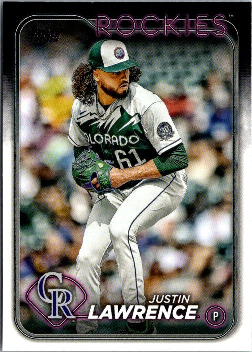 Justin Lawrence trading card featuring the Colorado Rockies player in action on the field