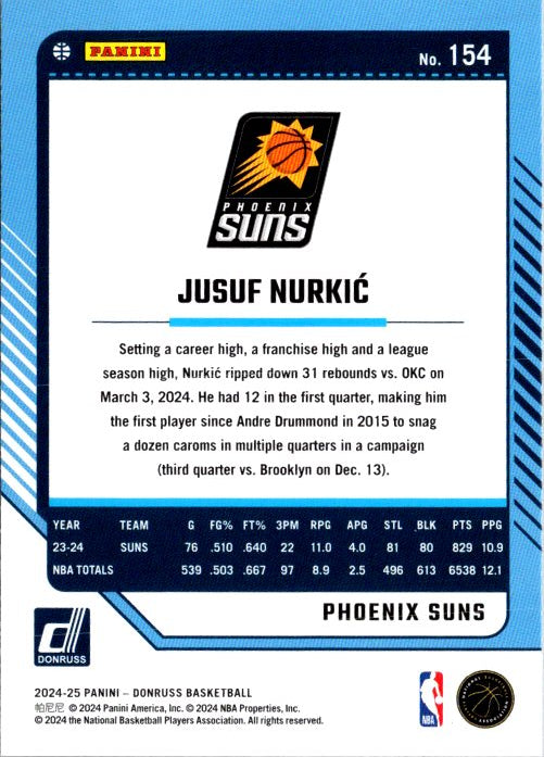 Jusuf Nurkic trading card featuring stats and highlights from his career with the Phoenix Suns