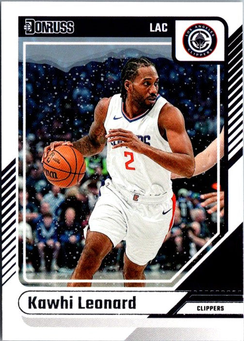 Kawhi Leonard trading card from Donruss Panini featuring Leonard dribbling a basketball in Clippers uniform