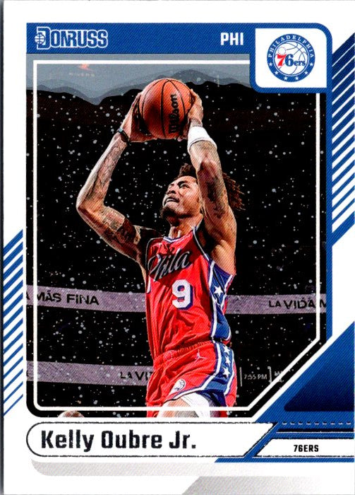 Kelly Oubre Jr. trading card featuring him shooting a basketball in a 76ers uniform