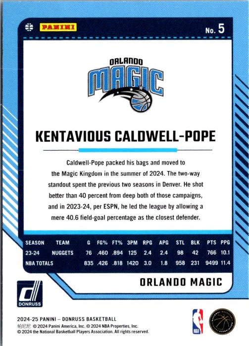 Kentavious Caldwell-Pope trading card featuring his stats and details for the Orlando Magic