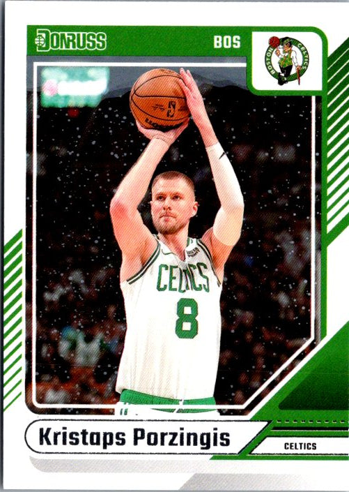 Kristaps Porzingis trading card featuring the Boston Celtics player in action on the court