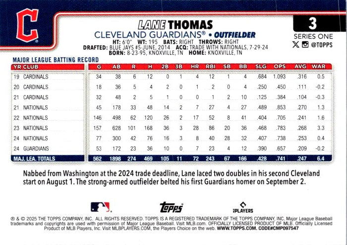Lane Thomas trading card from Topps featuring Cleveland Guardians outfielder and MLB stats