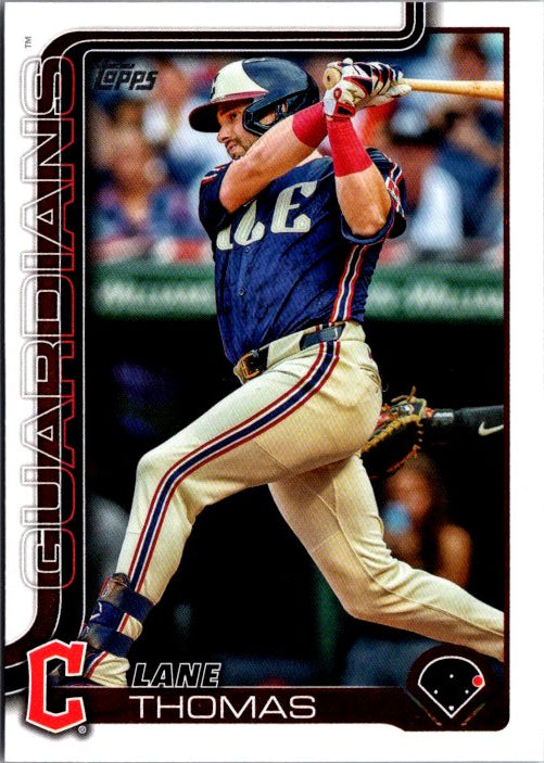 Topps Lane Thomas trading card featuring the player in a Guardians uniform about to swing a baseball bat