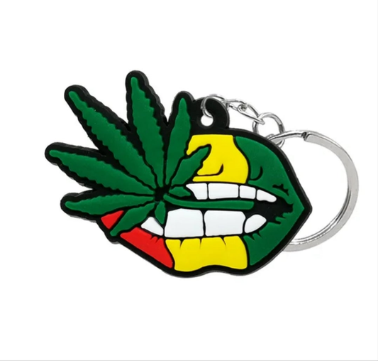 Colorful lips design pot keychain with cannabis leaves and vibrant colors for fun accessories