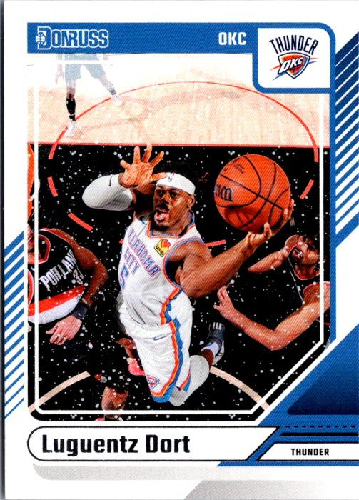 Luguentz Dort trading card featuring him in action with the Oklahoma City Thunder