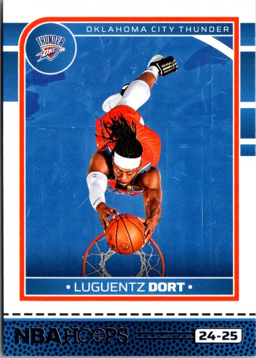 Luguentz Dort trading card featuring the player in action with the Oklahoma City Thunder colors