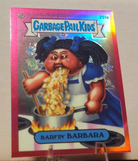 Barfin' Barbara Magenta Refractor Garbage Pail Kids Card with shiny holographic finish