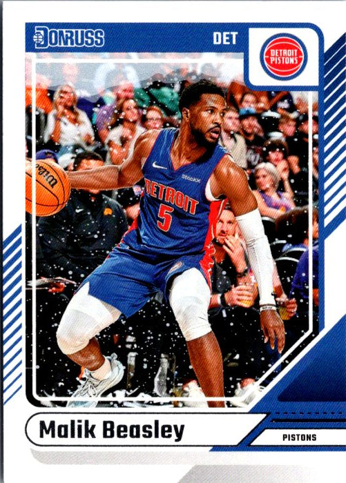 DONRUSS PANINI Malik Beasley trading card featuring him in a Detroit Pistons uniform in action.