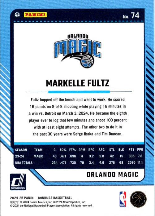 Markelle Fultz basketball card featuring statistics and team info from the Orlando Magic