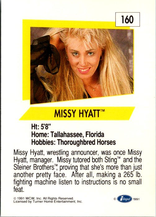 Missy Hyatt trading card featuring a photo and stats of the wrestling manager and announcer
