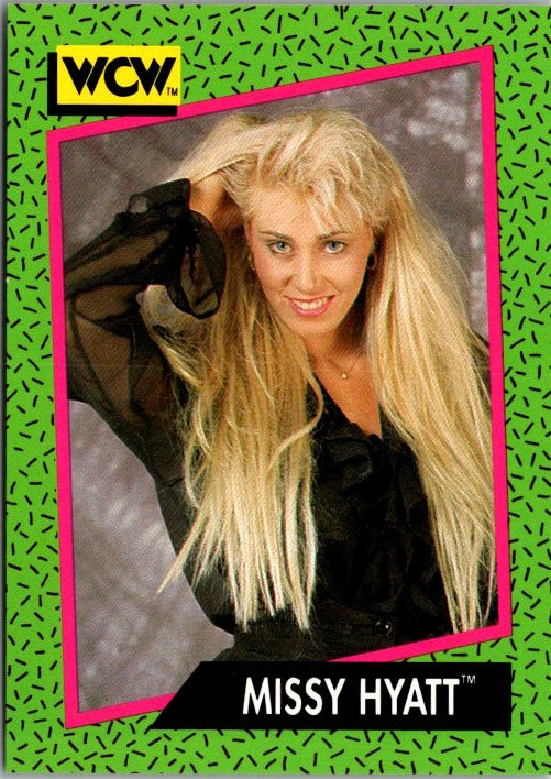 WCW Missy Hyatt trading card featuring her with long blonde hair and a black shirt
