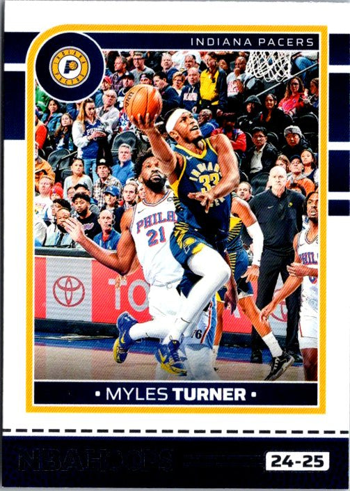 Myles Turner basketball card featuring action shot of Turner making a play for the Indiana Pacers