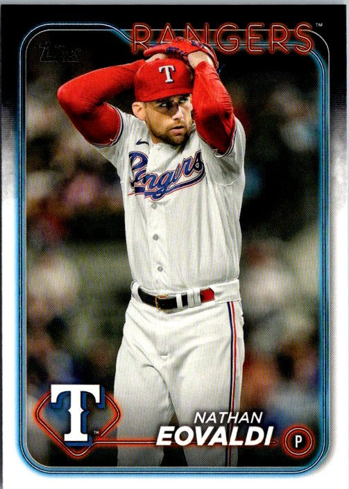 Topps Nathan Eovaldi trading card featuring the pitcher in Texas Rangers uniform on the field
