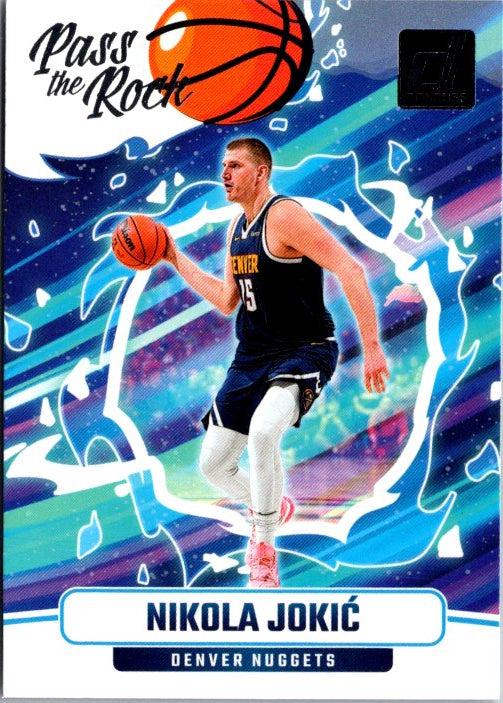 Nikola Jokic trading card featuring Denver Nuggets player in action with vibrant background