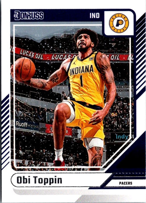 Obi Toppin rookie card from Donruss Panini featuring the Pacers player in action