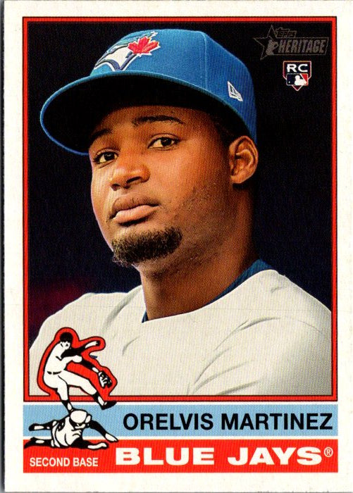 TOPPS baseball card of Orelvis Martinez rookie card showing Blue Jays player in uniform