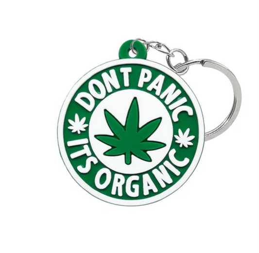 Organic pot keychain featuring 'Don't Panic, It's Organic' text and a green leaf design