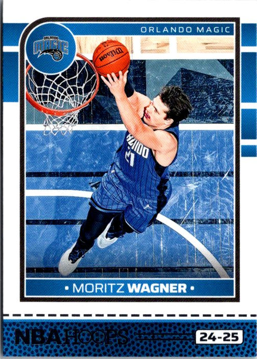 Moritz Wagner trading card featuring the player dunking for the Orlando Magic with a vibrant design