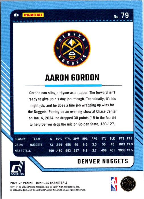 Aaron Gordon trading card showcasing his stats and biography with the Denver Nuggets logo