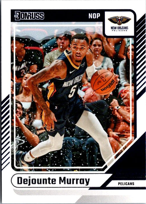 Dejounte Murray trading card featuring him in a New Orleans Pelicans uniform dribbling a basketball