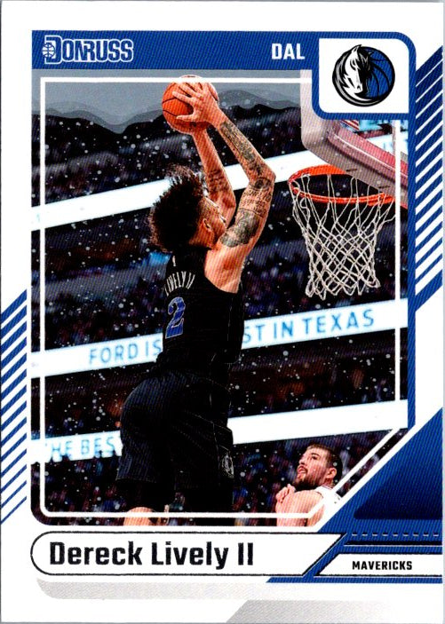 Dereck Lively II trading card featuring the player dunking during a game for the Dallas Mavericks