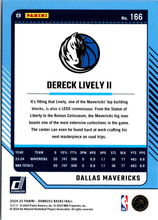 Dereck Lively II trading card from Donruss Panini featuring Mavericks player stats and design