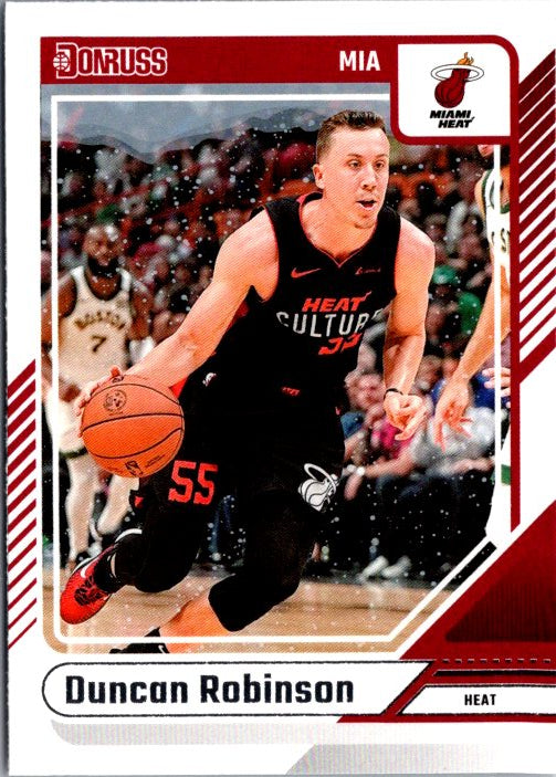 Duncan Robinson trading card featuring the player in Miami Heat uniform with ball in hand