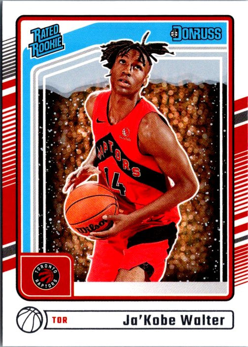 Ja'Kobe Walter trading card featuring the player in a Raptors jersey, holding a basketball
