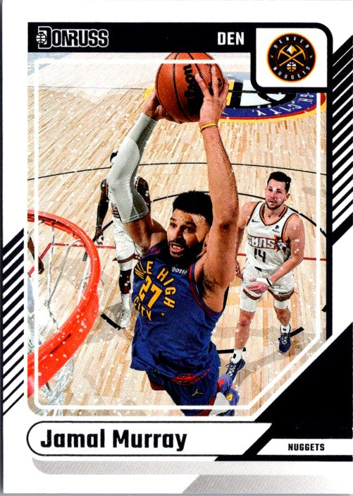 Jamal Murray trading card featuring him dunking a basketball during a game with the Denver Nuggets