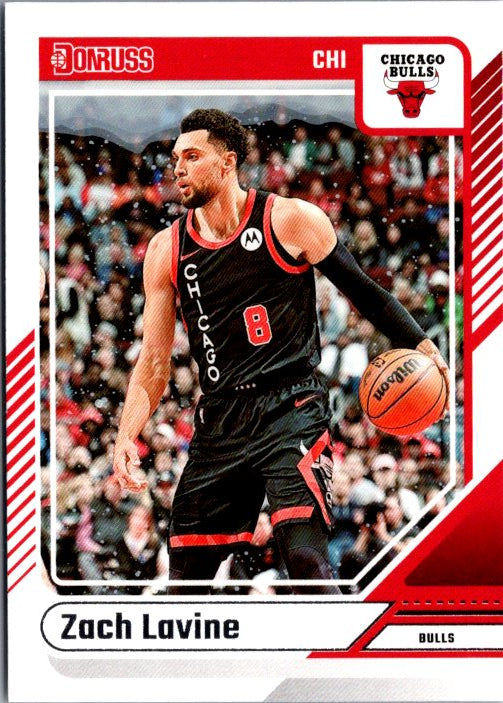 Zach LaVine trading card featuring him in Chicago Bulls uniform while playing basketball