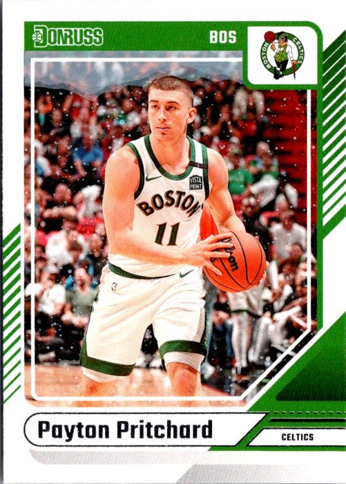 Payton Pritchard trading card from Donruss Panini featuring Boston Celtics star in action with basketball