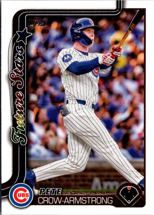 Topps Pete Crow-Armstrong trading card featuring the player in a Cubs jersey batting at the ballpark