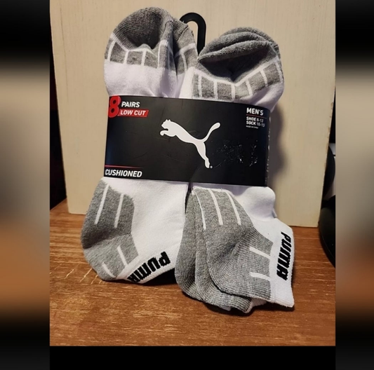 8 pairs of Puma men's low cut socks with cushioned sole in white and gray colors