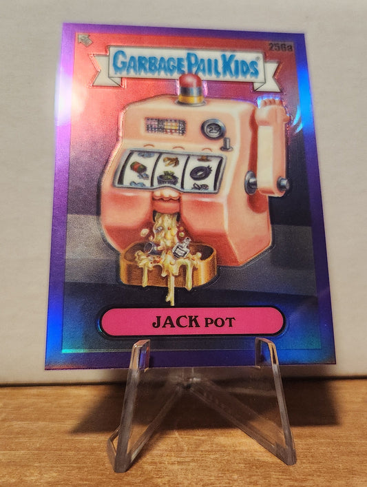 Purple Refractor Garbage Pail Kids card featuring a Jack Pot slot machine design with vibrant colors