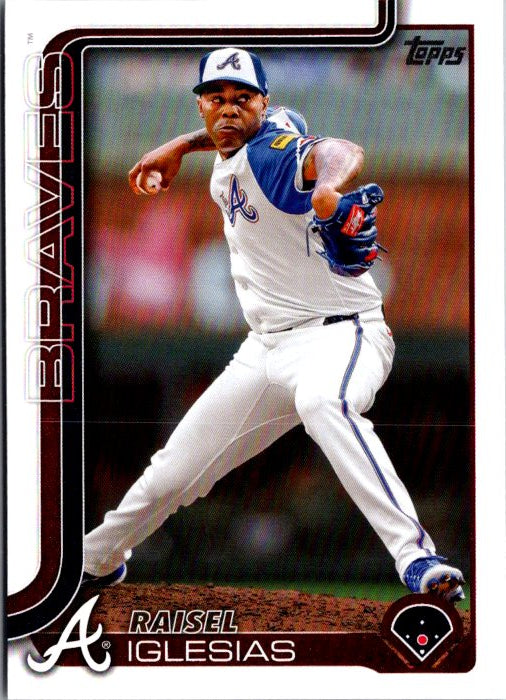 Raisel Iglesias baseball card featuring the pitcher in Atlanta Braves uniform on the field