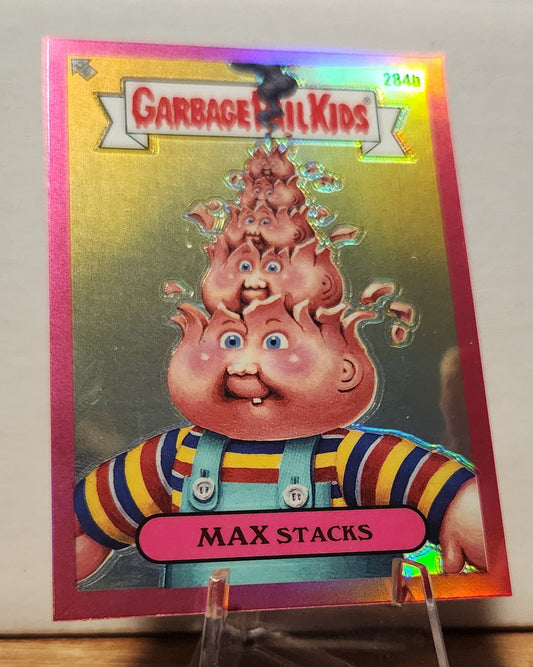Rare Garbage Pail Kids 284B card featuring Max Stacks with a holographic design