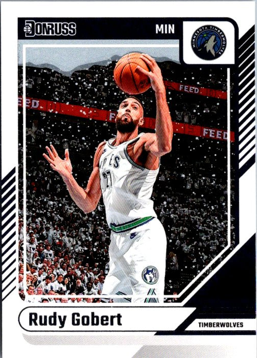 Rudy Gobert trading card featuring the player shooting a basketball in a Timberwolves jersey