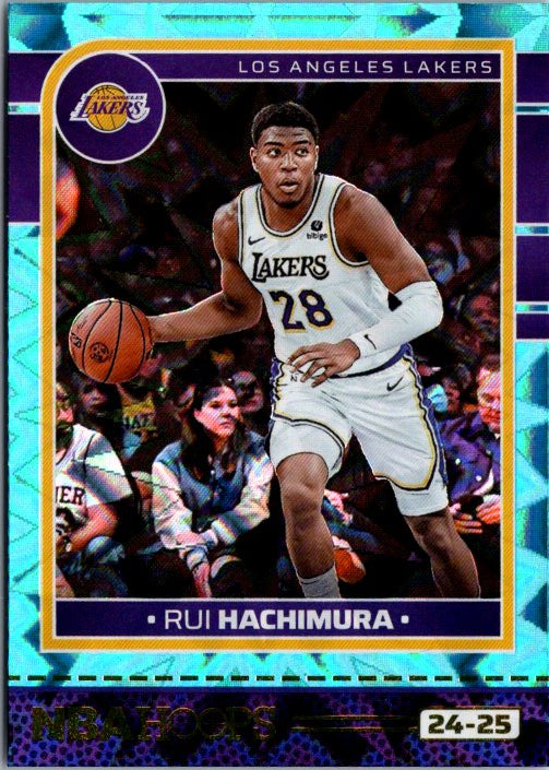 Rui Hachimura trading card featuring the player in Los Angeles Lakers uniform dribbling a basketball