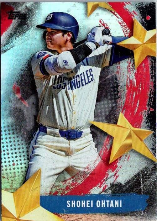 Shohei Ohtani MLB trading card featuring the player in a batting stance with a vibrant background