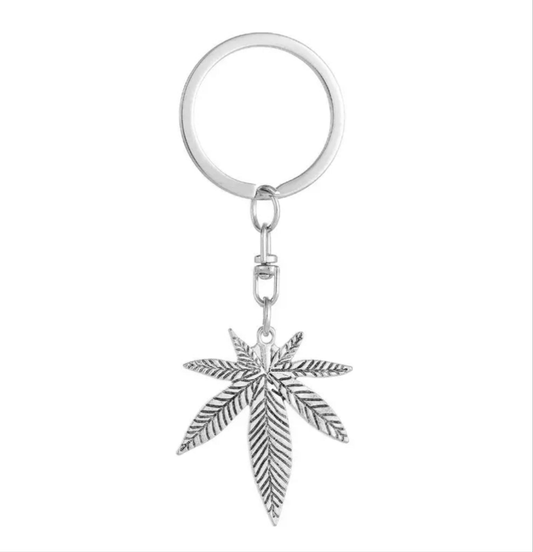 Silver pot leaf keychain with detailed leaf design, perfect for cannabis enthusiasts