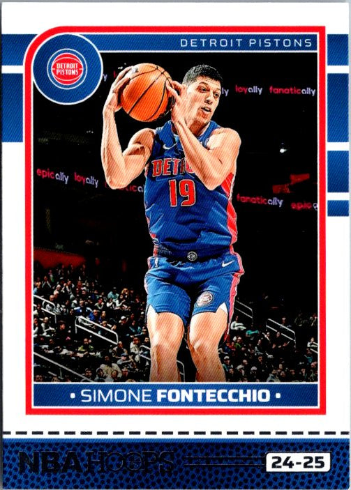 Simone Fontecchio trading card featuring the athlete in a Detroit Pistons jersey holding a basketball